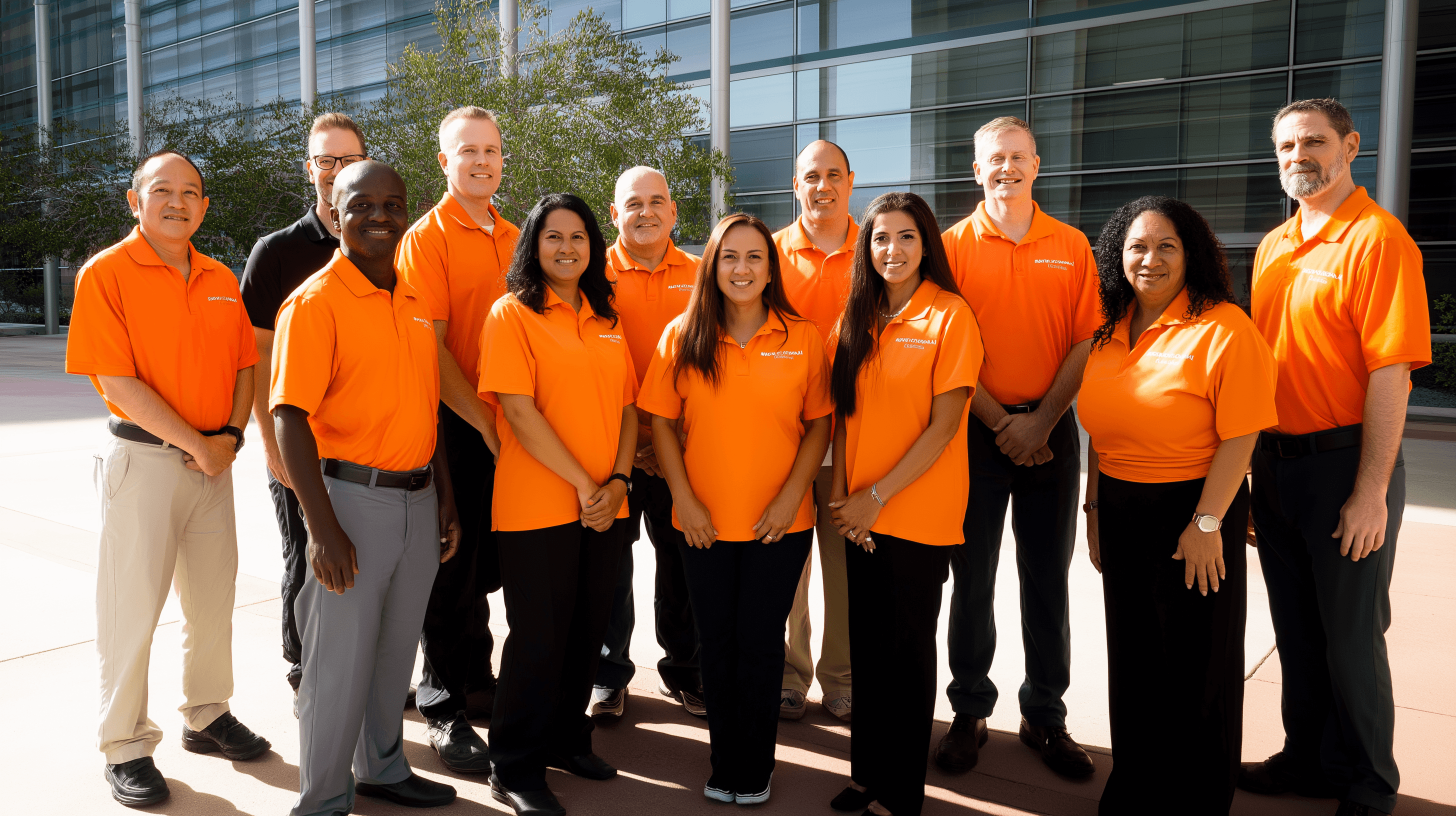 Staff group photo near company office